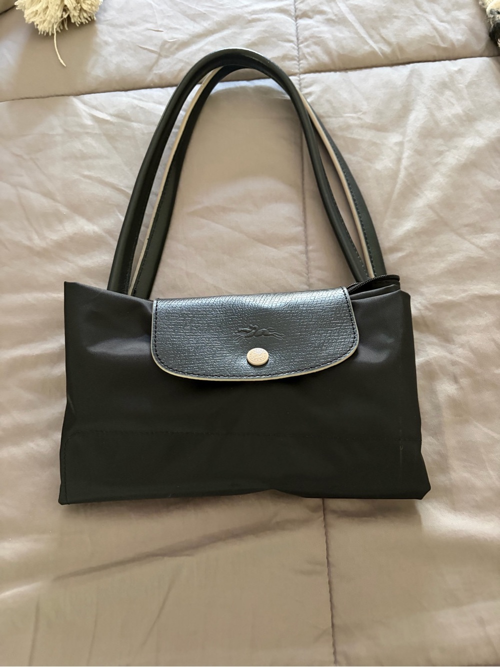 Black Nylon Tote with Leather Trim and Top Flap - Picture 3 of 4